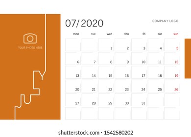 Calendar planner template for 2020 year July with modern line design typography font orange red background. Corporate business color calendar for 2020