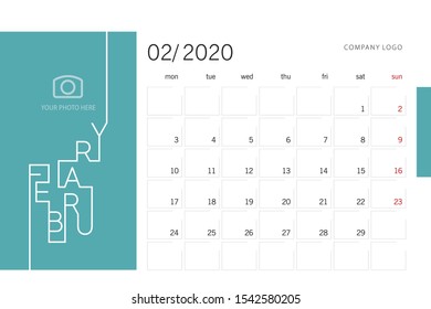 Calendar planner template for 2020 year February with modern line design typography font light sea green background. Corporate business color calendar for 2020