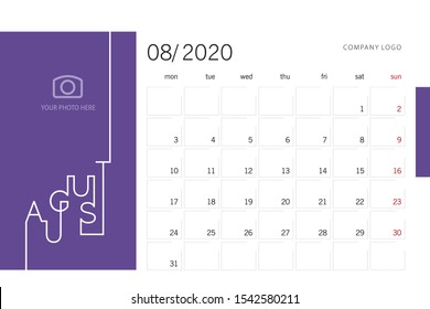 Calendar planner template for 2020 year August with modern line design typography font purple background. Corporate business color calendar for 2020