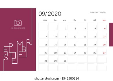 Calendar planner template for 2020 year September with modern line design typography font maroon background. Corporate business color calendar for 2020