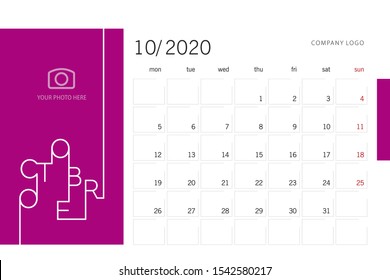 Calendar Planner Template For 2020 Year October With Modern Line Design Typography Font Violet Red Background. Corporate Business Color Calendar For 2020