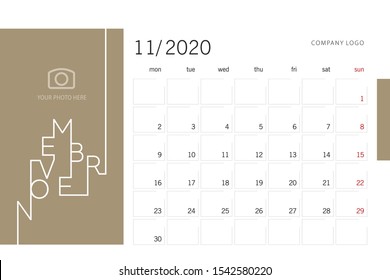 Calendar planner template for 2020 year November with modern line design typography font gold background. Corporate business color calendar for 2020