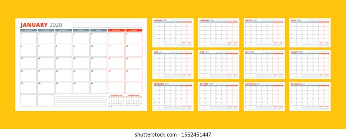Calendar planner template for 2020 year. Stationery Design. Week starts on Monday. Set of 12 months. Vector Illustration