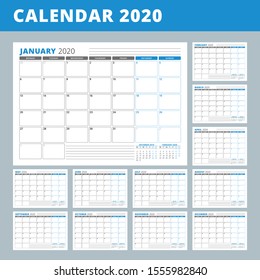 Calendar planner template for 2020 year. Stationery Design. Week starts on Monday. Set of 12 months. Vector Illustration