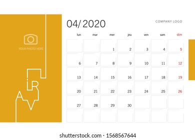 Calendar planner template for 2020 year French language April with modern line design typography font orange background