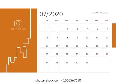 Calendar planner template for 2020 year French language July with modern line design typography font orange red background