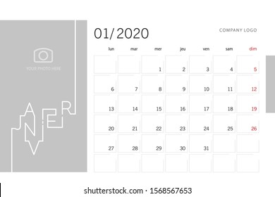 Calendar planner template for 2020 year French language January with modern line design typography font grey background