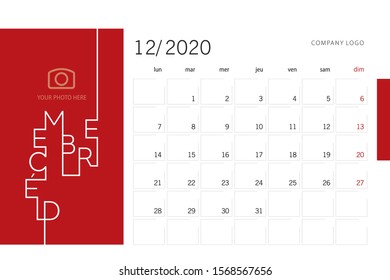 Calendar planner template for 2020 year French language December with modern line design typography font red background