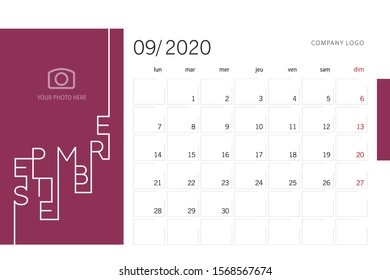 Calendar planner template for 2020 year French language September with modern line design typography font maroon background