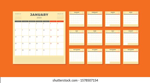 Calendar planner template for 2020 year. Week starts on Monday. Printable vector stationery design template
