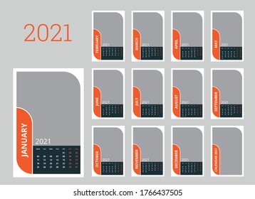 Plantilla de planificación del calendario para 2021 año. Conjunto de 12 meses. La semana comienza el lunes. Ilustración del vector