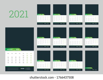 Calendar planner template for 2021 year. Set of 12 months. Week starts on Monday. Vector illustration
