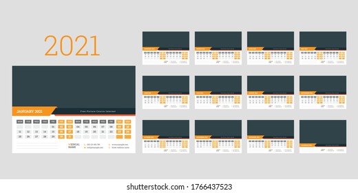 Calendar planner template for 2021 year. Set of 12 months. Week starts on Monday. Vector illustration