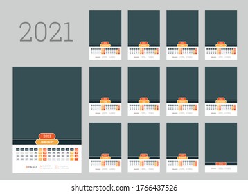 Calendar planner template for 2021 year. Set of 12 months. Week starts on Monday. Vector illustration