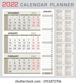 Calendar planner template 2022. Week start from Monday. 3 month calendar on page, with right stripe calender of the topical month. Ready for print. Vector Illustration