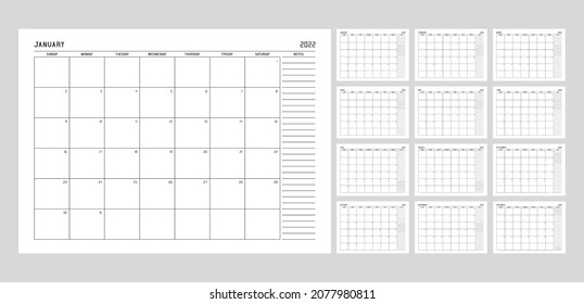 Calendar planner template for 2022 year. Week starts on Sunday with notes.