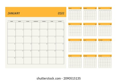 Calendar planner template for 2022 year. Week starts on Sunday with notes.