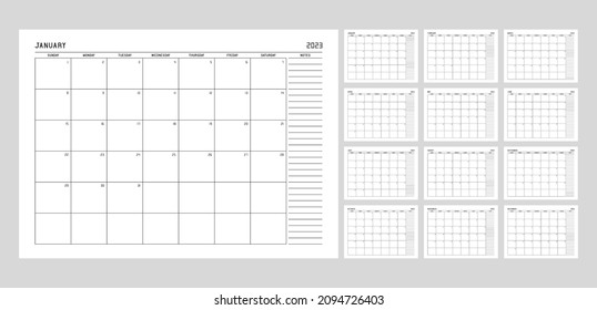 Plantilla de planificación del calendario para 2023 año. La semana comienza el domingo con notas.