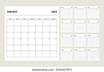 Plantilla del planificador de calendario para el año 2025. La semana comienza el domingo con notas.