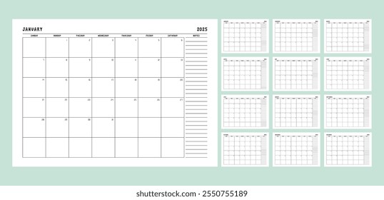 Calendar planner template for 2025 year. Week starts on Sunday with notes.