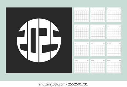 Calendar planner template for 2025 year. Week starts on Sunday with notes.