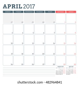 Calendar Planner Template for April 2017. Week Starts Monday. 3 Months on Page. Place for Notes. Stationery Design. Vector Calendar Template