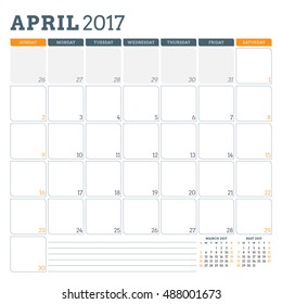 Calendar Planner Template for April 2017. Week Starts Sunday. 3 Months on Page. Place for Notes. Stationery Design. Vector Calendar Template