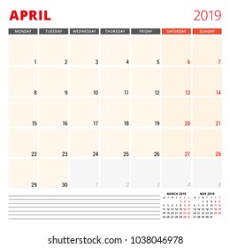 Calendar planner template for April 2019. Week starts on Monday. Vector illustration