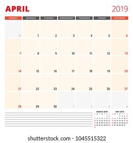 Calendar planner template for April 2019. Week starts on Sunday. Vector illustration