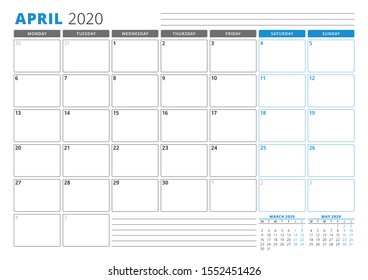 Calendar planner template for April 2020. Stationery Design. Week starts on Monday. 3 Months on the Page. Vector Illustration