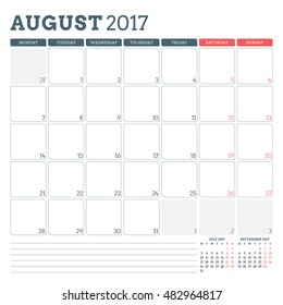 Calendar Planner Template for August 2017. Week Starts Monday. 3 Months on Page. Place for Notes. Stationery Design. Vector Calendar Template