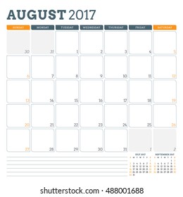 Calendar Planner Template for August 2017. Week Starts Sunday. 3 Months on Page. Place for Notes. Stationery Design. Vector Calendar Template