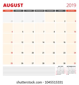 Calendar planner template for August 2019. Week starts on Sunday. Vector illustration