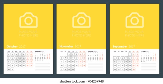 Calendar planner template for autumn 2017. September, October, November. Design print vector template