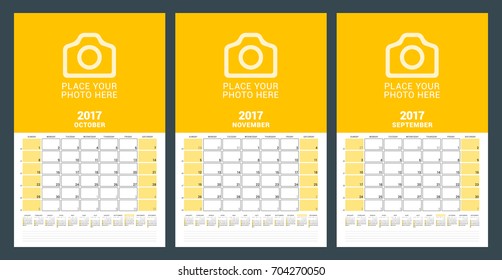 Calendar planner template for autumn 2017. September, October, November. Design print vector template