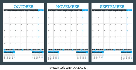 Calendar planner template for autumn 2017. September, October, November. Design print vector template