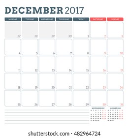 Calendar Planner Template for December 2017. Week Starts Monday. 3 Months on Page. Place for Notes. Stationery Design. Vector Calendar Template