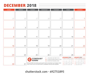 Calendar Planner Template for December 2018. Business Planner Template. Stationery Design. Week starts on Sunday. 3 Months on the Page. Vector Illustration