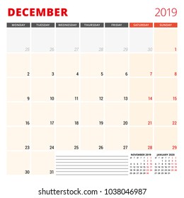 Calendar planner template for December 2019. Week starts on Monday. Vector illustration