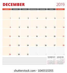 Calendar planner template for December 2019. Week starts on Sunday. Vector illustration