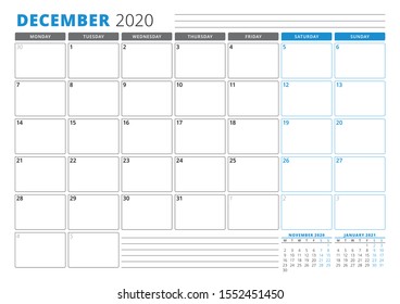 Calendar planner template for December 2020. Stationery Design. Week starts on Monday. 3 Months on the Page. Vector Illustration
