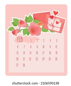 Calendar planner template for February 2022. A love letter on Valentine's Day. A postal envelope with a declaration of love. Paper postcards and romantic garden roses.Vector isolated colorful element.