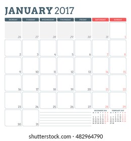 Calendar Planner Template for January 2017. Week Starts Monday. 3 Months on Page. Place for Notes. Stationery Design. Vector Calendar Template