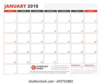 Calendar Planner Template for January 2018. Business Planner Template. Stationery Design. Week starts on Sunday. 3 Months on the Page. Vector Illustration