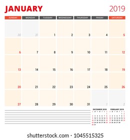 Calendar planner template for January 2019. Week starts on Sunday. Vector illustration