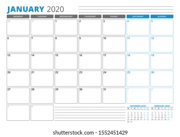 Calendar planner template for January 2020. Stationery Design. Week starts on Monday. 3 Months on the Page. Vector Illustration