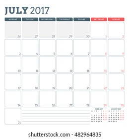 Calendar Planner Template for July 2017. Week Starts Monday. 3 Months on Page. Place for Notes. Stationery Design. Vector Calendar Template