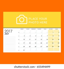 Calendar planner template for July 2017. Week starts on Monday. Design print vector template isolated on color background