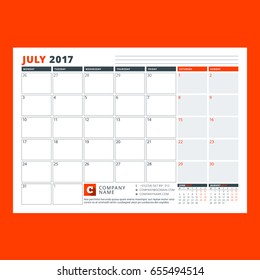Calendar planner template for July 2017. Week starts on Monday. Design print vector template isolated on color background