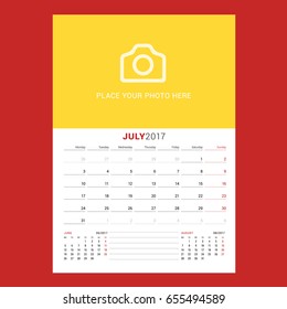 Calendar planner template for July 2017. Week starts on Monday. Design print vector template isolated on color background